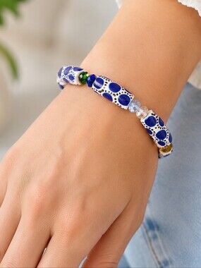 Handmade Ceramic Bead Stretch Bracelet Blue White Artisan Boho Size 7